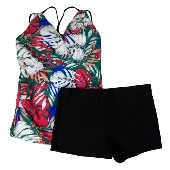 Jasambac Swim Jasambac Womens Tankini Boy Shorts Swim Suit Tropical Palm Adjustable Padded L